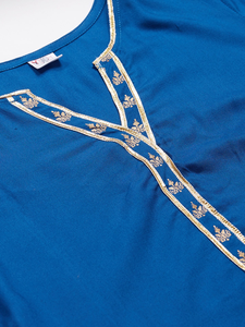 Ensemble Kurta Sharara Droit en Rayonne Imprimé Doré pour l'Été, Vêtements Traditionnels Ethniques Bleus pour Femmes, Protection Solaire, Séchage Rapide - Product Image 5