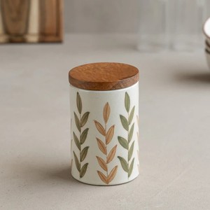 Tarro de Almacenamiento de Cerámica con Tapa de Madera, Recipiente Hermético para Cocina, Diseño Elegante con Hojas, Organizador que Ahorra Espacio - Product Image 1
