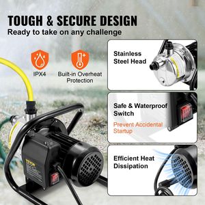 Pompe à jet d'irrigation portable en acier inoxydable de 1,5 CV, 115 V, 1200 GPH, hauteur de refoulement 164 pieds, pression maximale 87 psi, pompe pour puits peu profond - Product Image 4