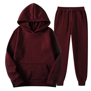 ชุดวอร์มเบอร์กันดีแบบ unisex มีฮู้ด แขนยาว สีพื้น ใส่สบายๆ สำหรับฤดูใบไม้ร่วง ระบายอากาศได้ดี ทรงปกติ ชุดเสื้อและกางเกงสำหรับผู้ใหญ่ - Product Image 1