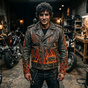 OEM Custom Men Distressed Leather Motorcycle <b>Jacket</b> Heavy Clown Embroidery <b>Punk</b> Flame Biker Coat Streetwear Wholesale - Product Image 2