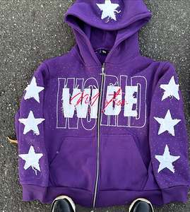 Sweat à capuche zippé pour homme, coupe ample, délavé soleil et à l'acide, orné de strass, grammage lourd, style streetwear vintage - Product Image 1