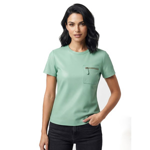 Camiseta de Cuero Genuino de Primera Calidad para Mujer, Cuello Redondo, Manga Corta, Corte Ajustado, Bolsillo Decorativo con Cremallera, Prenda de Moda - Product Image 1
