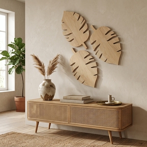 Décoration murale en bois sculpté à la main, silhouette de feuille, style minimaliste tropical, sculpture murale botanique en bois pour salon et chambre à coucher - Product Image 3