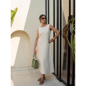 Women Linen Cotton Neutral Beige <b>Boho</b> <b>Dress</b> Sleeveless Casual Loose Fit <b>Summer</b> Midi <b>Dress</b> - Product Image 2
