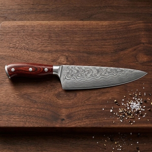 Couteau de cuisine professionnel en acier Damas, fait main, à motif, avec une prise confortable pour une utilisation culinaire. - Product Image 3