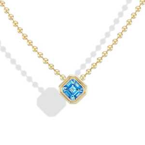 Asscher Cut Blue Topaz Moissanite Pendant <b>Necklaces</b> Bezel Set Ball <b>Chain</b> 3mm Everyday Layering Fine Jewelry 14K 18K Solid Gold - Product Image 1