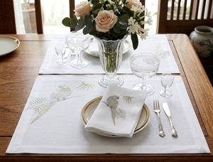 Custom Handmade Embroidered Classic Luxury Gold Parrot Bird Place Mat Napkin Sets White Linen Washable Mats for Weddings Home - Product Image 3