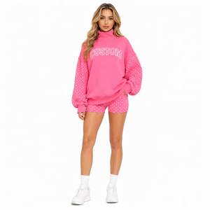 Women's Hoodies Pink Rhinestone Sleeve Turtleneck Sweatshirt Heavyweight Pearl Studded Varsity High Collar Pullover Womenswear - Product Image 2