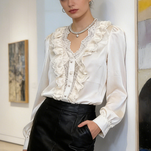 Oferta especial en Temu |   Blusa de moda para mujer con volantes y encaje, cuello en V, manga larga, con botones, elegante, informal, para el trabajo o fiestas. - Product Image 2