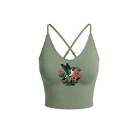 Débardeur pour femme en coton vert olive à motif floral et colibri perlé, style croisé, collection Printemps/Été