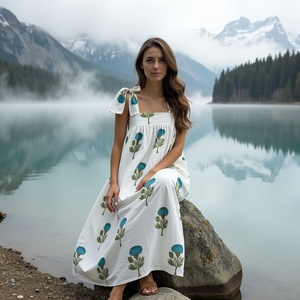 Vestido largo informal con estampado floral azul y verde, ligero, sin mangas, con escote cuadrado, correas para los hombros, ajuste suelto y fluido - Product Image 1