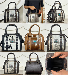 March Expo Premium <b>Tooled</b> Cowhide Leather Mini Duffel Speedy Bags New Compact Size Studs & Concho Crossbody Travel Purse Handbag - Product Image 3