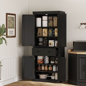 72-Inch Modern <b>Kitchen</b> <b>Pantry</b> Storage Cabinet Black Wood and Metal with 4 Doors 3 Adjustable Shelves Large Central Drawer - Product Image 2