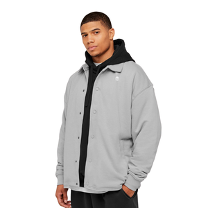 เสื้อแจ็คเก็ตผู้ชายสีเทาสโมคกี้ทรงโอเวอร์ไซส์ติดกระดุมแบบสแนป สไตล์สตรีทแวร์ลำลอง ชุดกีฬา เสื้อกันลม เสื้อคลุม - Product Image 3