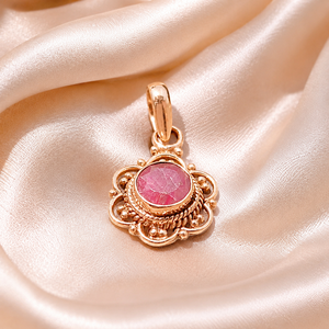 925 Sterling Silver Natural Pink <b>Ruby</b> Round Pendant <b>Necklace</b> Handmade Vintage Floral Jewelry 18K Rose Gold & Yellow Gold Plated - Product Image 3