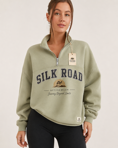Sweat-shirt demi-zip pour femme Silk Road, col rabattu, motif uni, style décontracté, vêtement d'été, anti-boulochage, polyester/coton - Product Image 5
