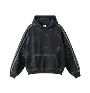 Sweat à capuche oversize vintage noir délavé pour homme, couleur anthracite, imprimé rayé et effet usé - Product Image 1