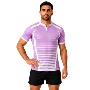 Men's <b>Light</b> Blue Striped Short Sleeve Rugby Jersey V-<b>Neck</b> Moisture Wicking Fitted Athletic Shirt for Team Sports Training - Product Image 1