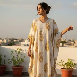 Caftán de algodón hecho a mano con estampado a mano, vestido de verano bohemio para mujer, ideal para la playa. - Product Image 1