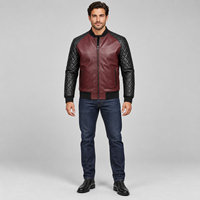 Blouson aviateur en cuir bordeaux premium pour homme avec manches matelassées contrastantes noires et bordures en tricot côtelé