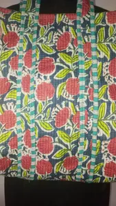 Designer Blue <b>Quilted</b> Cotton Tote Bag with Red Floral Hand Block print Open Casual Shopping Reusable <b>Handbag</b> For Women - Product Image 4