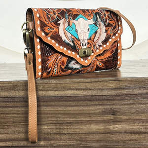 Sac bandoulière en cuir de vachette style western, fait main, avec motifs crâne et floraux, nouveau design, mini sac à main pour femme - Product Image 4
