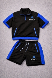 Custom Men's Black Blue 2 Piece Summer Tracksuit Set Quarter Zip <b>Short</b> Sleeve Top and <b>Shorts</b> Sportswear Set - Product Image 2