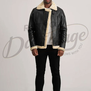 Manteau long en cuir véritable noir pour homme, chaud pour l'hiver, doublé de peau de mouton, manteau de luxe avec col en fourrure - Product Image 4