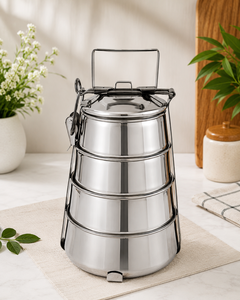 DHEER INTERNATIONAL STAINLESS STEEL 202 GRADE FOOD GRADE PYRAMID TIFFIN <b>Round</b> 3 COMPARTMENT FOLDABLE LEAK PROOF LUNCH <b>BOX</b> - Product Image 1