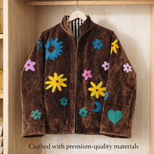 Veste bomber en velours brodée à la main pour femmes, col montant, motif floral, manteau de créateur - Product Image 5