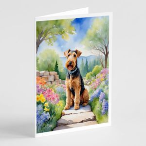 Whimsical Airedale Terrier Spring Garden Tarjetas de felicitación Paquete de 8 tarjetas de nota A7 en blanco con sobres Tamaño 5x7 - Product Image 1