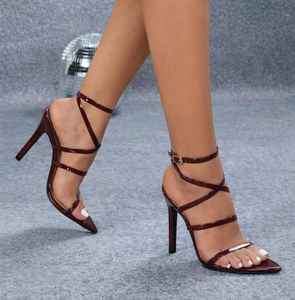 Escarpins à talons aiguilles rouge bordeaux à bout ouvert, talon de 10 cm, sandales à talons hauts en synthétique uni - Product Image 2