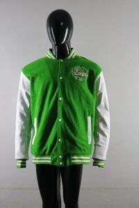 Green Men's Varsity <b>Jacket</b> With <b>White</b> Sleeves And Embroidered Logo Front Button Closure Casual Autumn Wear FINER THREADS - Product Image 2