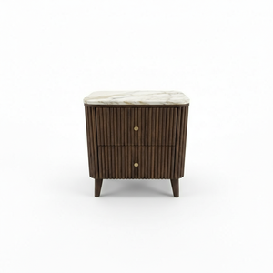 Table d'appoint moderne avec 2 tiroirs, en MDF acacia, placage chêne, plateau en marbre, design dynamique pour salles à manger et espaces de vie. chambre à coucher. - Product Image 1