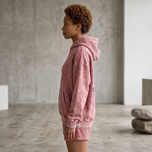 Wholesale 500GSM Cotton Fleece Boxy Fit Pullover Hoodie with Matching Shorts <b>Set</b> Vintage Wash Chest Print Streetwear Apparel - Product Image 2