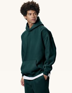 Sudadera con Capucha Oversize de Felpa Verde Sólido para Hombre, Manga Regular, Diseño Casual con Hombros Caídos, de Algodón - Product Image 4