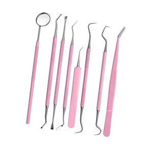 Kit de 8 outils dentaires roses pour le nettoyage buccal : miroir buccal, pinces, sonde double, curette, détartreur en acier inoxydable - Product Image 1