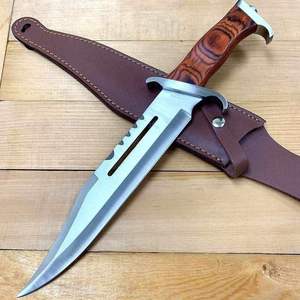 Cuchillo Bowie de Hoja Fija para Caza, Mango de Palisandro, Funda de Cuero, Supervivencia en la Naturaleza, Acero al Carbono, Borde Parcialmente Serrado - Product Image 5