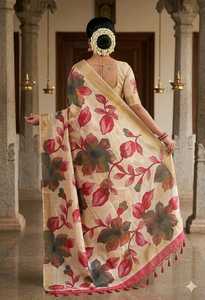 GACHI TASSAR SILK Floral Silk <b>Saree</b> For Women Traditional Indian Wedding Wear Regular Fit Floor Length Beige With <b>Red</b> Pink - Product Image 3