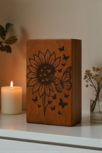 Personalized Handmade American Style <b>Wooden</b> Cremation Urn with Sunflower <b>Butterfly</b> Engraving Eco-Friendly Natural Wood Finish - Product Image 1