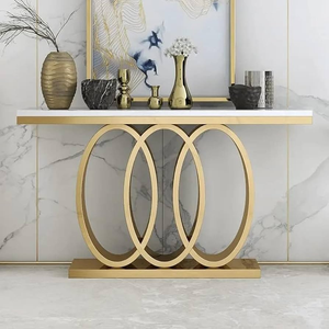 Table console moderne à double base en or et bois, inspirée des feuilles, avec plateau en marbre blanc, disponible à prix de gros. - Product Image 5