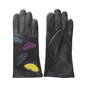 Black Leather Gloves With Colorful <b>Leaf</b> Patches Wrist Length Unlined For Casual Winter Wear - Product Image 1