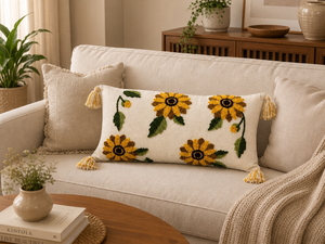 Coussin lombaire décoratif en coton fait main avec broderie florale tournesol et pompons pour canapé et lit - Product Image 4