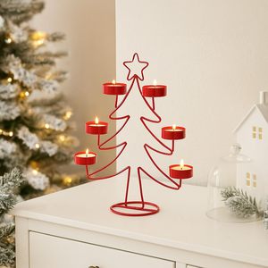 Brassworld India CCH-05 Porte-bougie d'arbre de Noël en métal rouge avec sommet étoile pour 6 bougies chauffe-plat, style personnalisable, décoration - Product Image 1