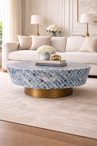 Blue Round Coffee <b>Table</b> <b>Resin</b> <b>Top</b> Wood Frame Modern Center <b>Table</b> for Living Room Hotel - Product Image 3