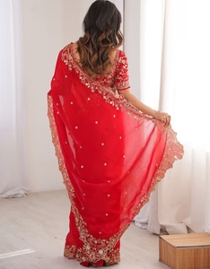 KV Satin <b>Red</b> Embellished Designer Saree With Unstitched <b>Blouse</b> - Product Image 4