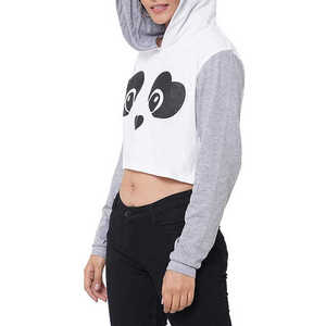 Sweat à capuche court pour femme, blanc et gris, imprimé panda de dessin animé, en coton tricoté, décontracté, pour le printemps, manches longues, longueur courte - Product Image 5