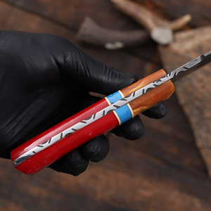 Cuchillo de caza y desollado de hoja fija de acero de Damasco forjado a mano, mango de resina, espiga completa, cuchillo personalizado OEM/ODM, funda de cuero - Product Image 5