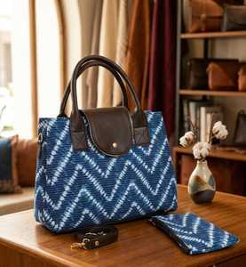 Blue Geometric Pattern <b>Canvas</b> <b>Tote</b> Bag Set Zipper Shoulder Handbag with Matching Pouch for Daily Travel - Product Image 1